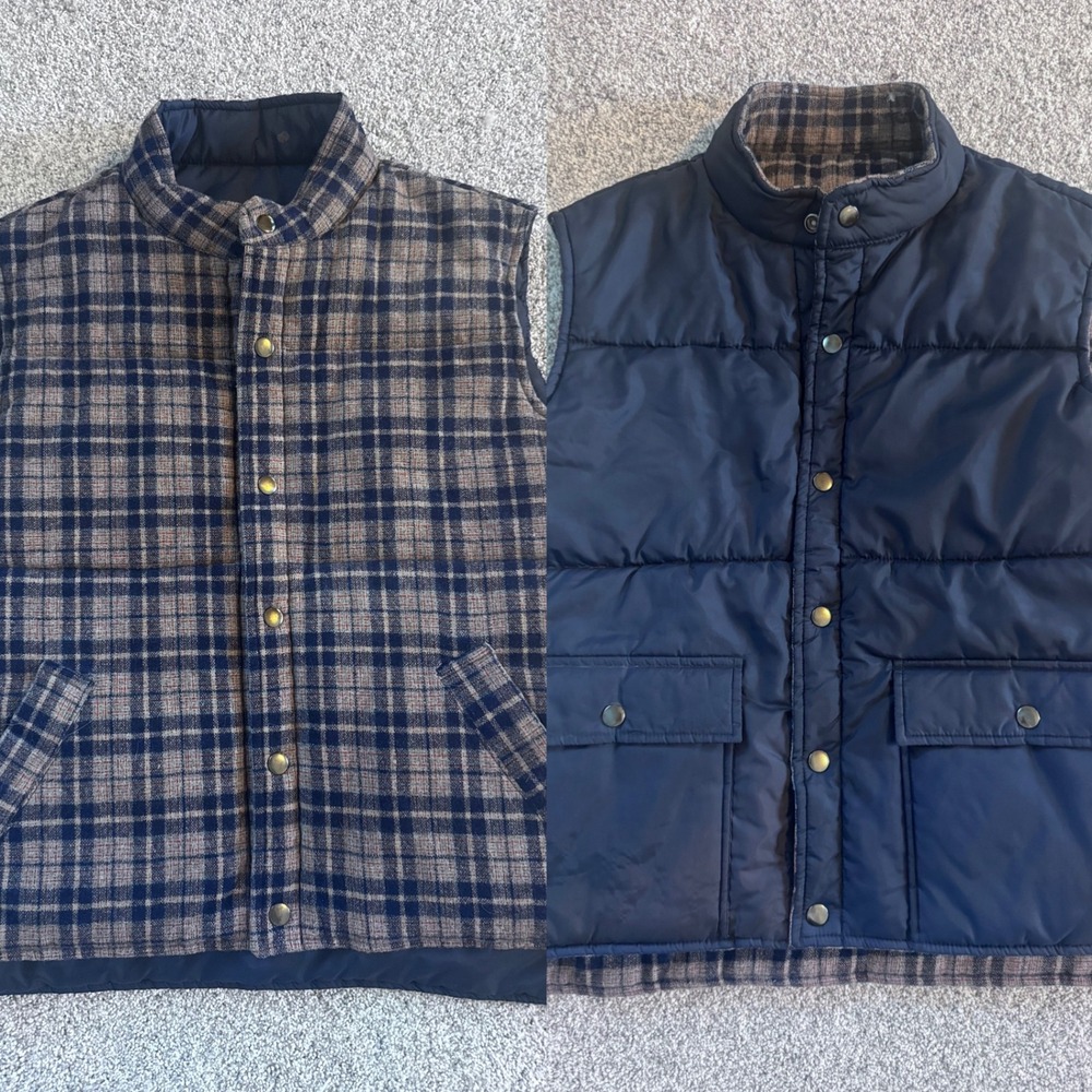 Arrow Sportswear Mens Reversible Puffer Vest Navy Blue Wool Plaid Size M Vintage